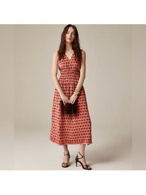 Red Patterned V-Neck Midi Dress